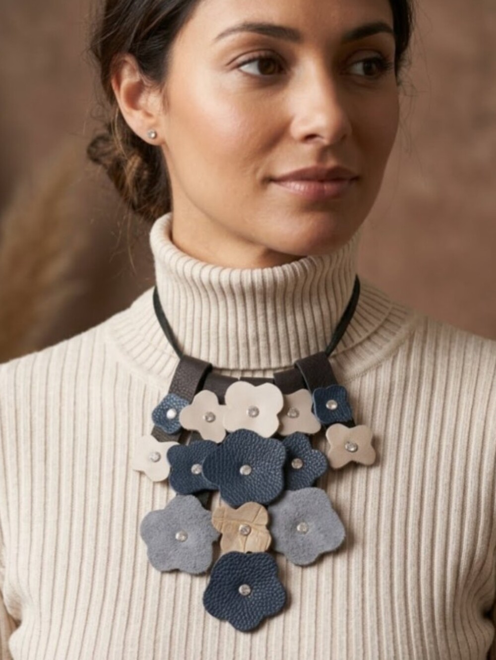 Handmade Genuine Leather 2D Statement Flower Necklace Blue Ivory 042